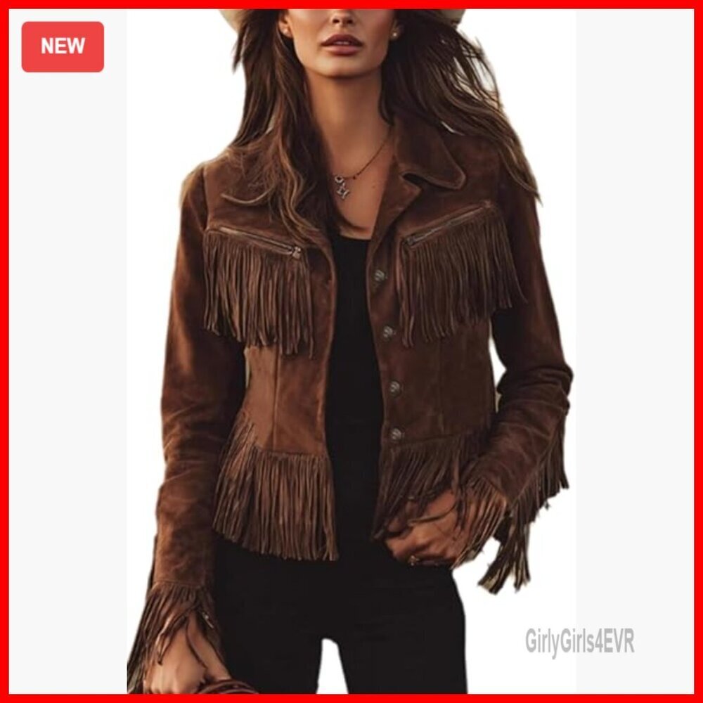 Faux Suede Fringe Jacket Western Style Tassel Lapel Button Up Long Sleeve